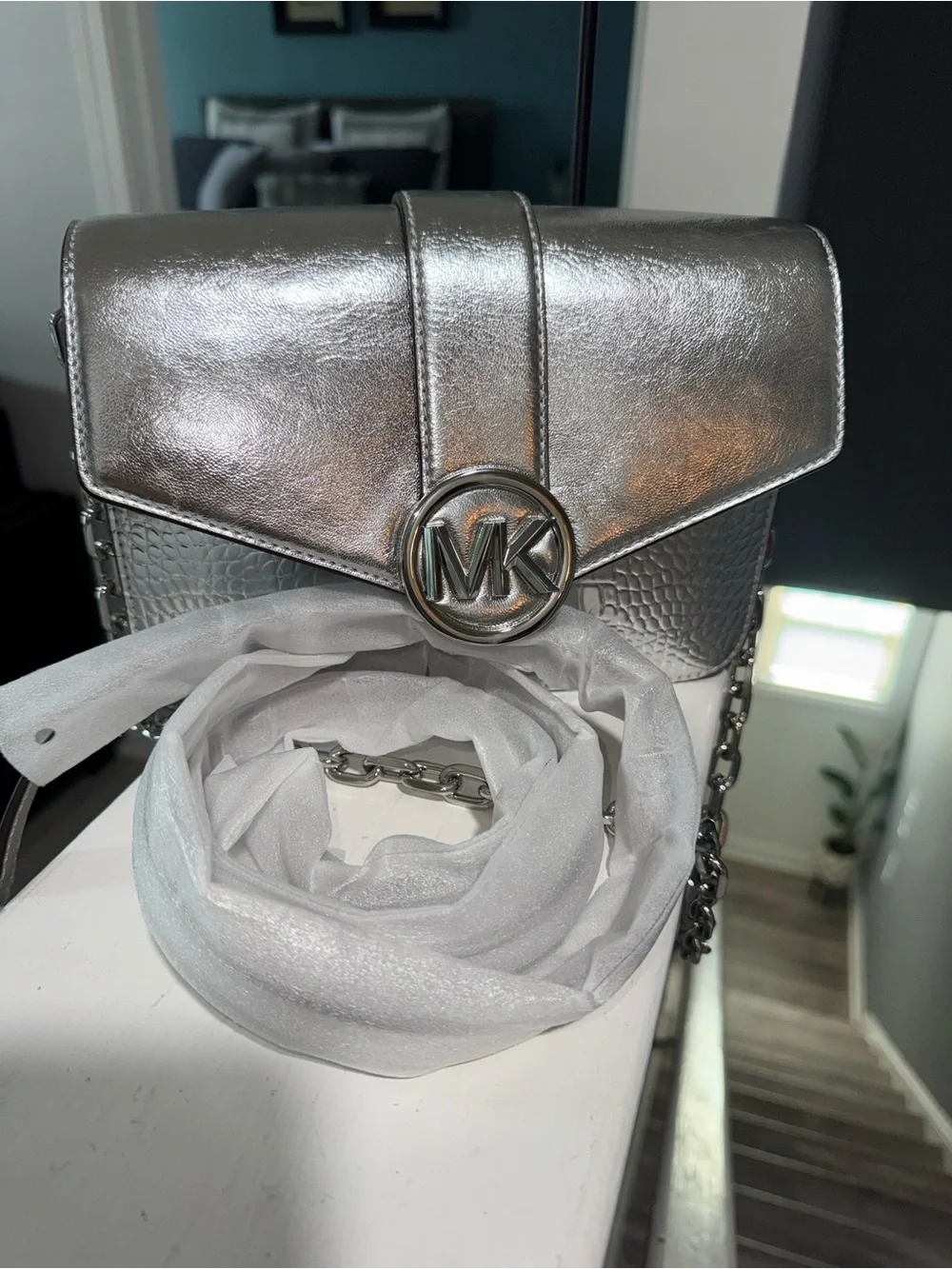 Michael Kors Metallic Silver MK Chain Crossbody Bag